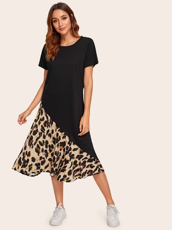 Contrast Leopard Print Tee Dress Dresses Sale Sale Spring/Summer red