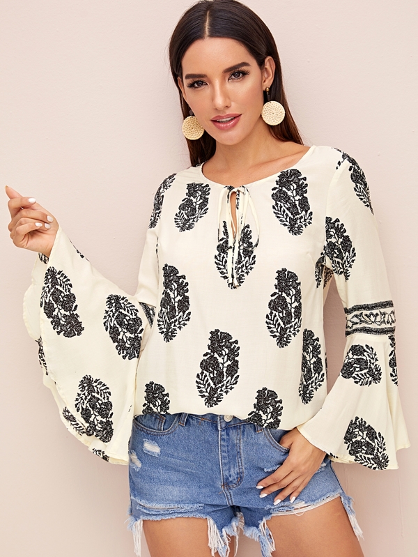 Tie Neck Flare Sleeve Tribal Print Top Tops Blouses Sale Spring red