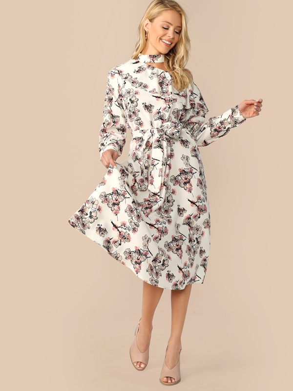 Asymmetrical Cutout Shoulder Belted Floral Dress Dresses Sale Sale Spring red