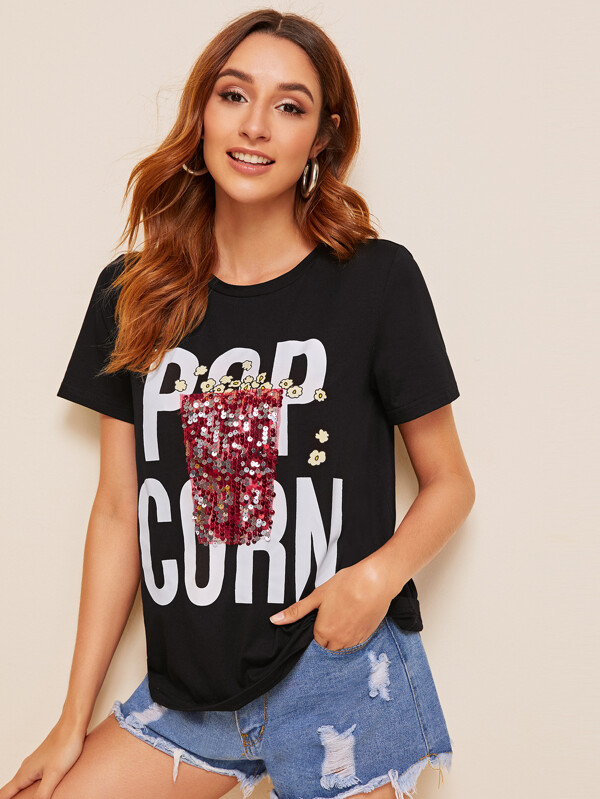 Sequin Detail Slogan Print Tee Tops T-Shirts Sale Summer red