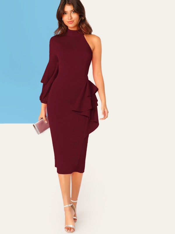 One Shoulder Blouson Sleeve Ruffle Trim Pencil Dress Dresses Sale Sale Spring/Fall red