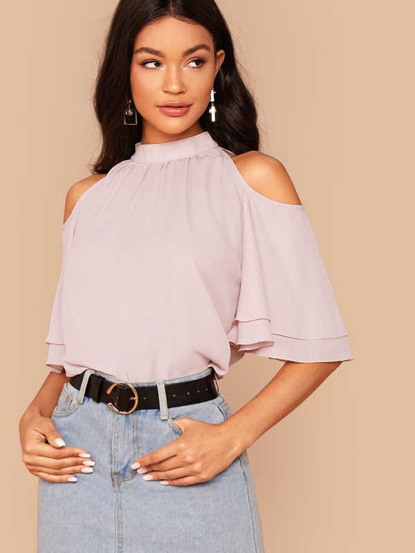 Mock-Neck Cold Shoulder Layered Sleeve Top Tops Blouses Sale Summer red