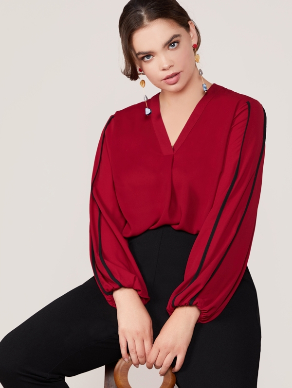 Plus V-neck Contrast Binding Lantern Sleeve Blouse Plus Size Plus Size Tops Sale Spring/Fall red