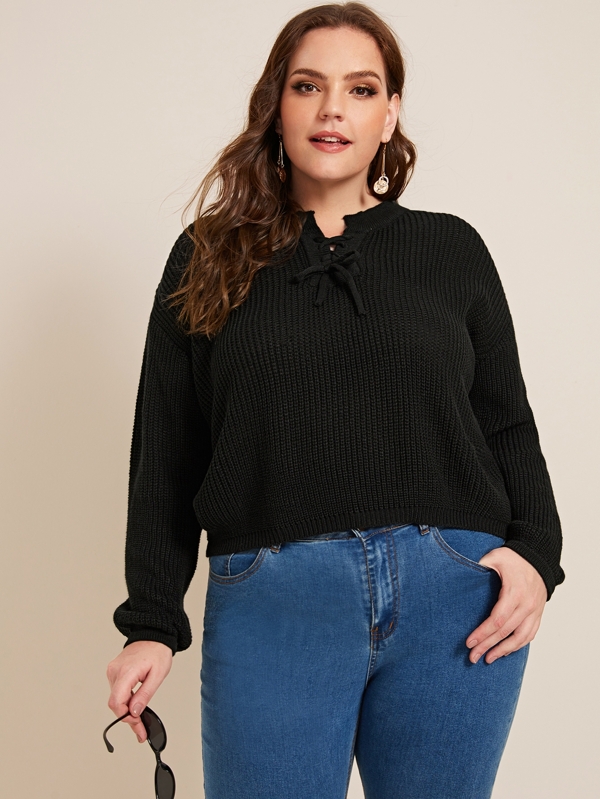 Plus Lace Up Front Ribbed Knit Jumper Plus Size Plus Size Sweaters & Cardigans Sale Spring/Fall red