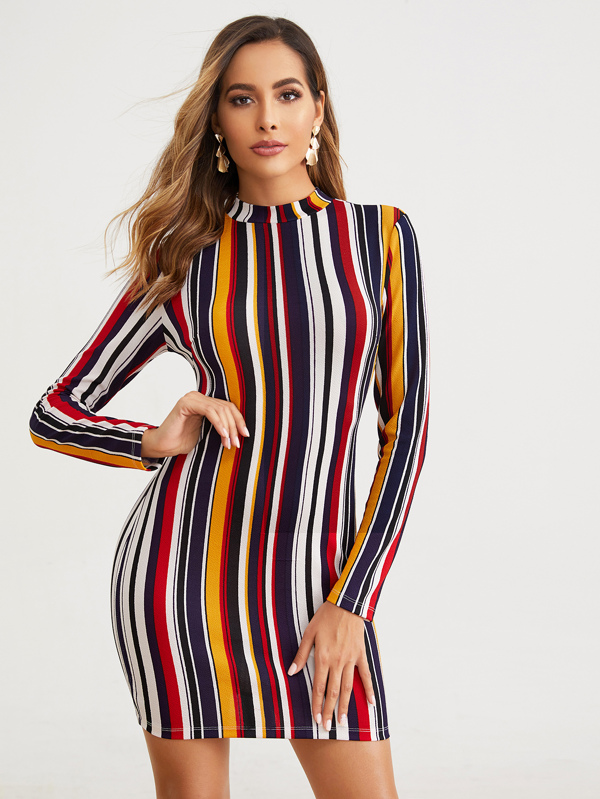 Mock-neck Striped Textured Bodycon Dress Dresses Sale Sale Spring/Fall red