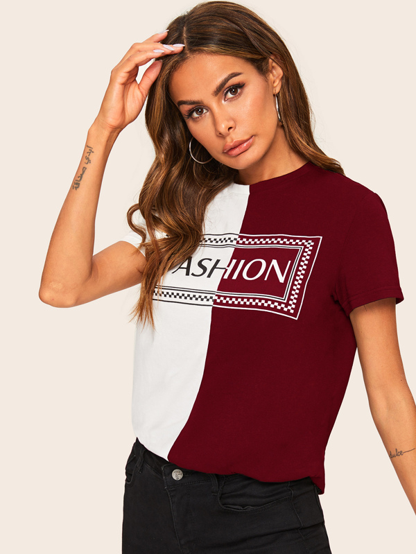 Two Tone Letter Print Tee Tops T-Shirts Sale Summer red