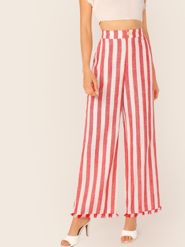 Buttoned Fly Slant Pocket Wide Leg Striped Trousers Bottoms Pants Sale Spring red