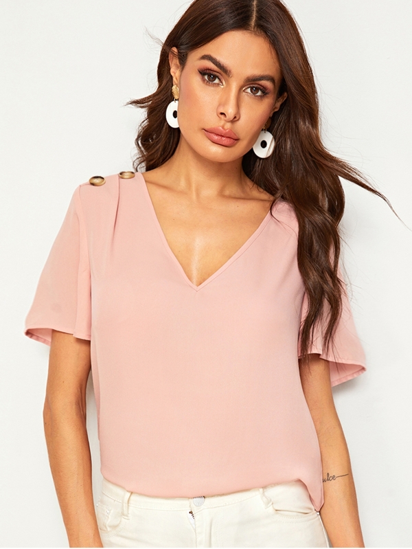 V-neck Button Detail Top Tops Blouses Sale Summer red