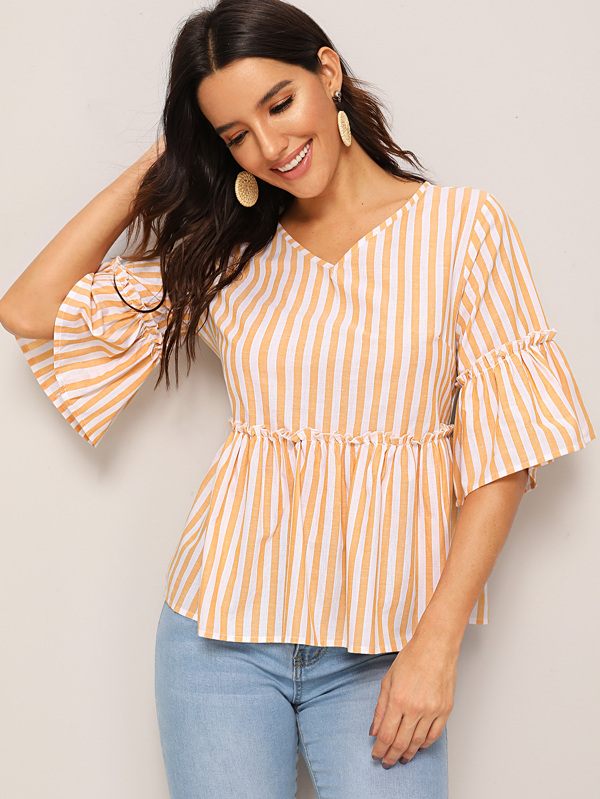 Lettuce Frill Striped Flounce Sleeve Blouse Tops Blouses Sale Summer red