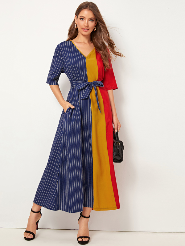 Colour Block Tie Waist Long-line Dress Dresses Sale Sale Spring/Summer red