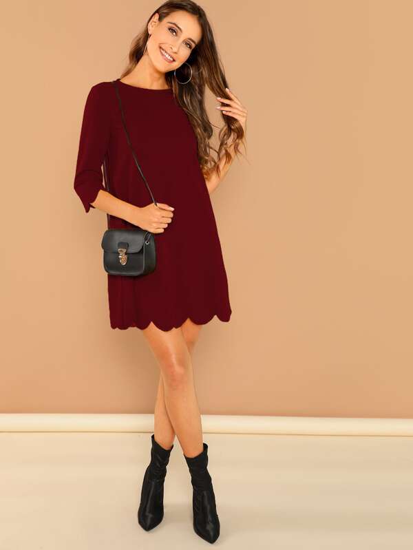 Scallop Hem Solid Trapeze Dress Dresses Sale Sale Spring/Fall red