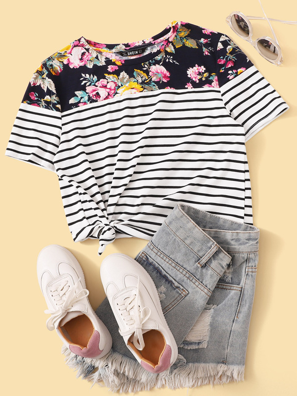 Floral and Striped Tee Tops T-Shirts Sale Summer red