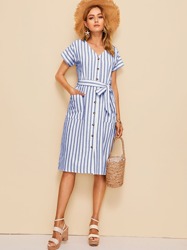 Striped Print Belted Tea Dress Dresses Sale Sale Summer red