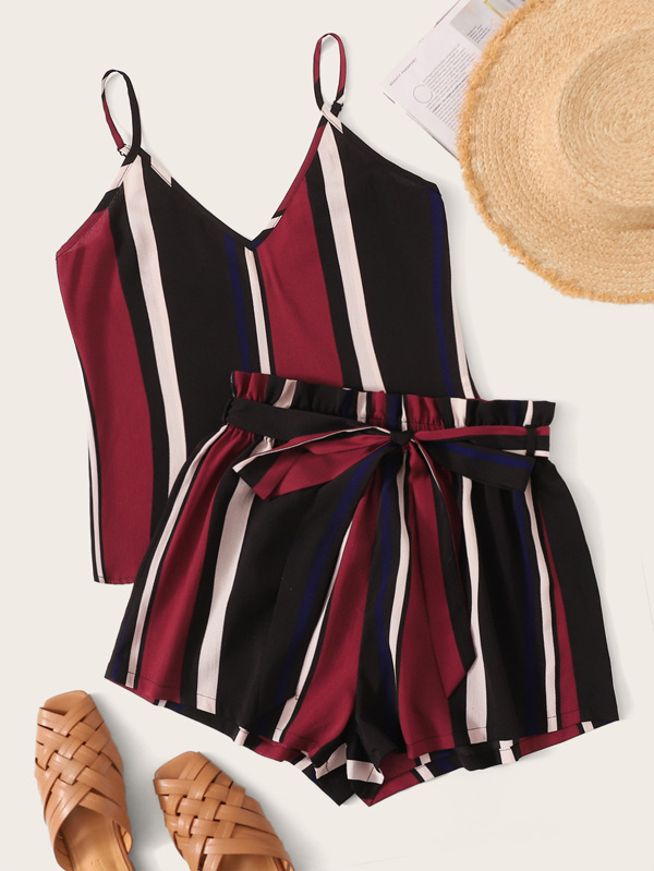 Colourful Striped Cami & Paperbag Waist Belted Shorts Set Co-ords Two-piece Outfits Sale Summer red