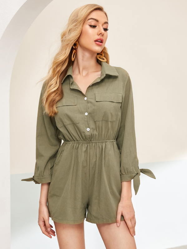 Solid Knot Cuff Cargo Shirt Romper Jumpsuits Sale Sale Summer red