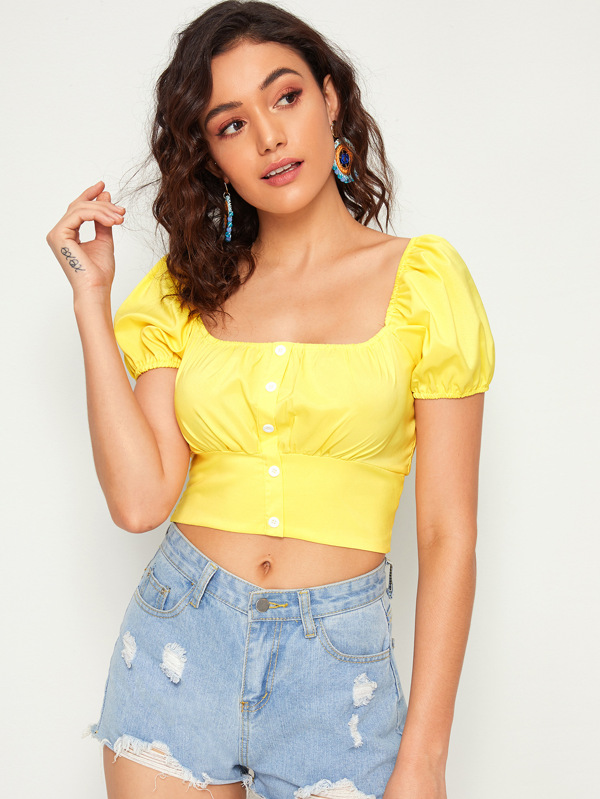 Solid Button Front Puff Sleeve Crop Top Tops Blouses Sale Summer red