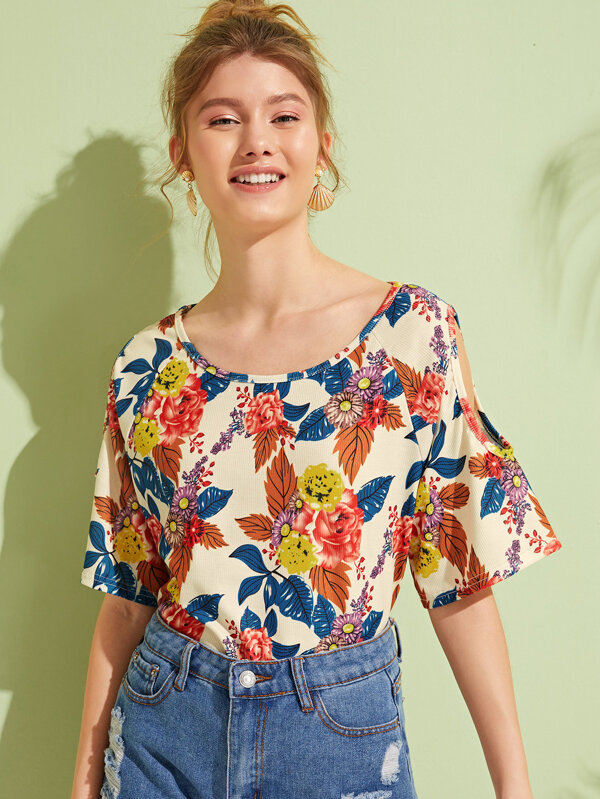 Floral Print Tee Tops T-Shirts Sale Summer red