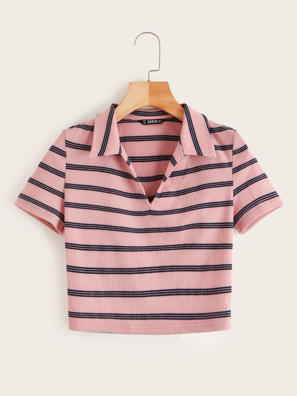 Collared V-neck Rib-knit Striped Tee Tops T-Shirts Sale Spring/Summer red