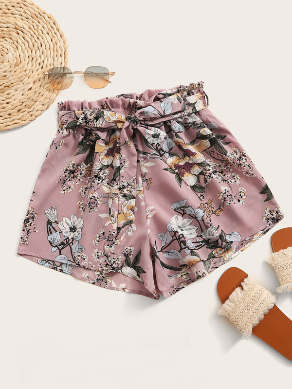 Floral Print Self Tie Paperbag Shorts Bottoms Shorts Sale Summer red