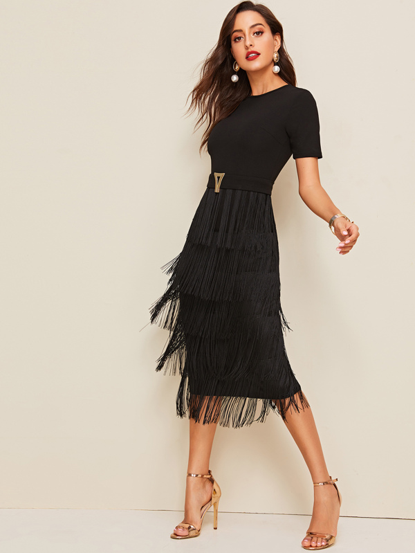 Metal Button Detail Layered Fringe Pencil Dress Dresses Sale Sale Summer red